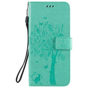 Custodia in pelle a ribalta orizzontale con motivo in rilievo albero e gatto con supporto e fessure per carte, portafoglio e cordino, For LG K51, For LG K61