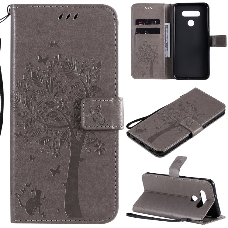 Custodia in pelle a ribalta orizzontale con motivo in rilievo albero e gatto con supporto e fessure per carte, portafoglio e cordino, For LG K51, For LG K61
