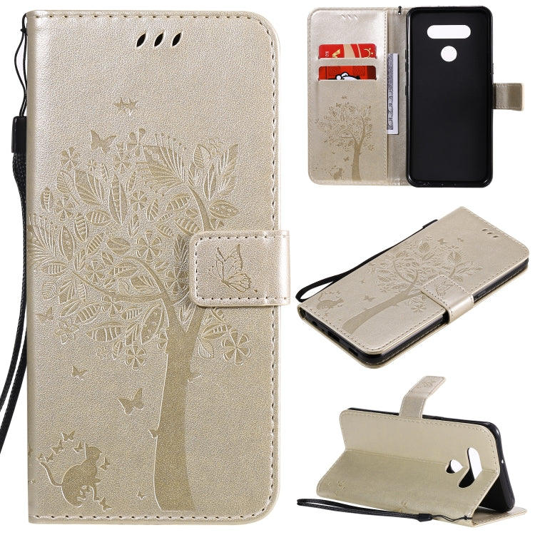 Custodia in pelle a ribalta orizzontale con motivo in rilievo albero e gatto con supporto e fessure per carte, portafoglio e cordino, For LG K51, For LG K61