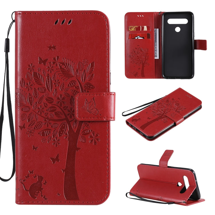 Custodia in pelle a ribalta orizzontale con motivo in rilievo albero e gatto con supporto e fessure per carte, portafoglio e cordino, For LG K51, For LG K61
