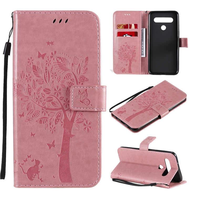 Custodia in pelle a ribalta orizzontale con motivo in rilievo albero e gatto con supporto e fessure per carte, portafoglio e cordino, For LG K51, For LG K61