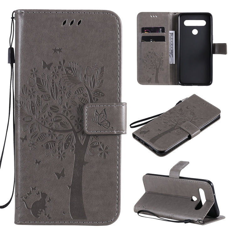 Custodia in pelle a ribalta orizzontale con motivo in rilievo albero e gatto con supporto e fessure per carte, portafoglio e cordino, For LG K51, For LG K61