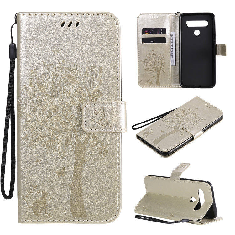 Custodia in pelle a ribalta orizzontale con motivo in rilievo albero e gatto con supporto e fessure per carte, portafoglio e cordino, For LG K51, For LG K61