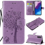 Custodia in pelle a ribalta orizzontale con motivo in rilievo albero e gatto con supporto e fessure per carte, portafoglio e cordino, For LG Stylo 6, For Huawei Enjoy Z 5G