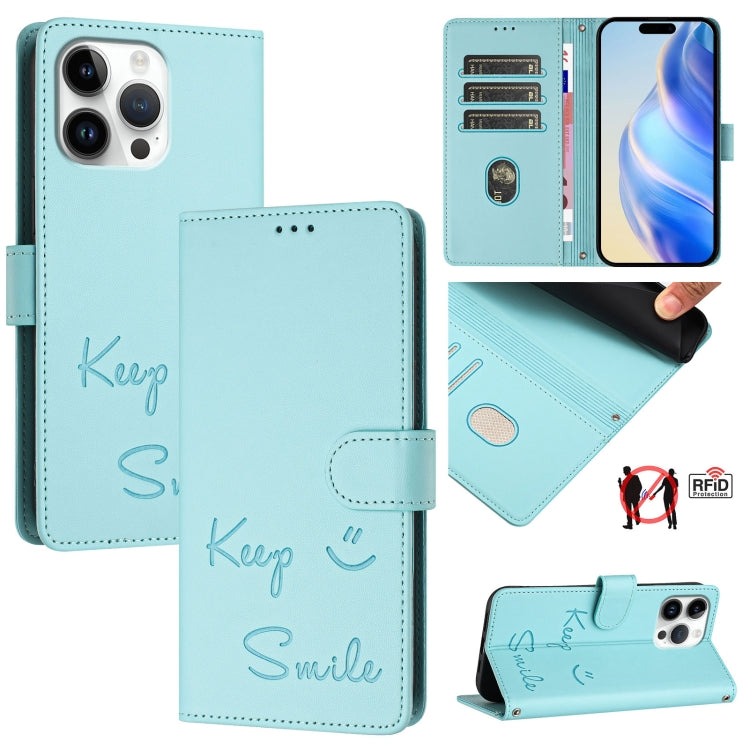 Custodia per telefono in pelle RFID con stampa Smile Embossing, For iPhone SE 2024, For iPhone 16 Pro Max, For iPhone 16 Pro, For iPhone 16 Plus