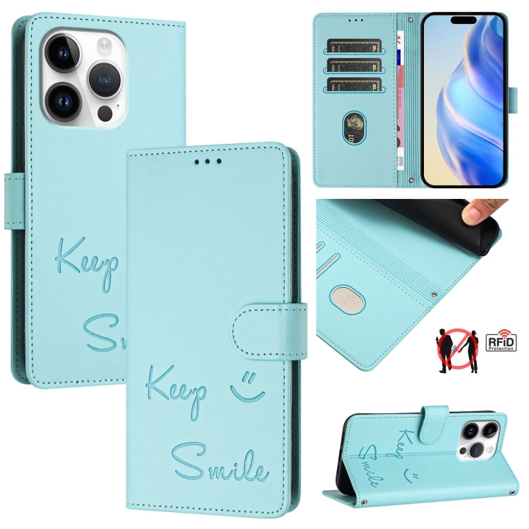 Custodia per telefono in pelle RFID con stampa Smile Embossing, For iPhone SE 2024, For iPhone 16 Pro Max, For iPhone 16 Pro, For iPhone 16 Plus