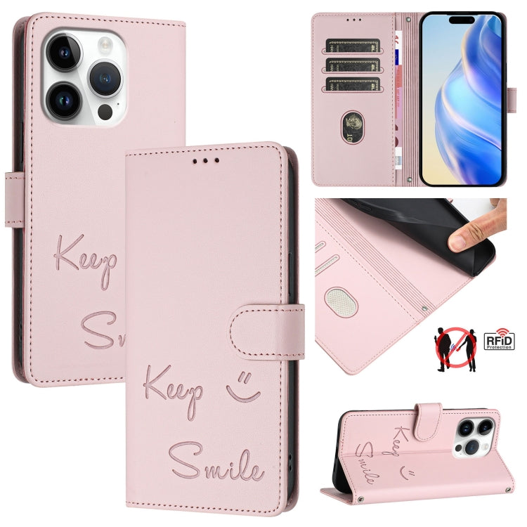 Custodia per telefono in pelle RFID con stampa Smile Embossing, For iPhone SE 2024, For iPhone 16 Pro Max, For iPhone 16 Pro, For iPhone 16 Plus