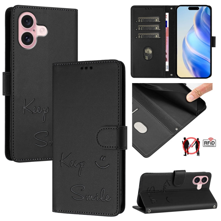 Custodia per telefono in pelle RFID con stampa Smile Embossing, For iPhone 16, For iPhone 15 Pro Max, For iPhone 15 Pro, For iPhone 15 Plus