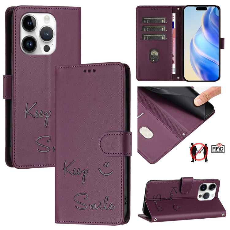 Custodia per telefono in pelle RFID con stampa Smile Embossing, For iPhone 16, For iPhone 15 Pro Max, For iPhone 15 Pro, For iPhone 15 Plus