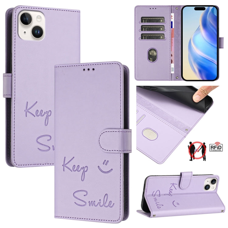 Custodia per telefono in pelle RFID con stampa Smile Embossing, For iPhone 16, For iPhone 15 Pro Max, For iPhone 15 Pro, For iPhone 15 Plus