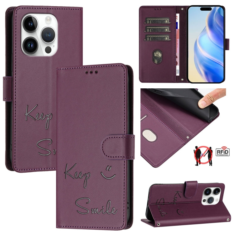 Custodia per telefono in pelle RFID con stampa Smile Embossing, For iPhone 15, For iPhone 14 Plus, For iPhone 14 / 13, For iPhone 14 Pro