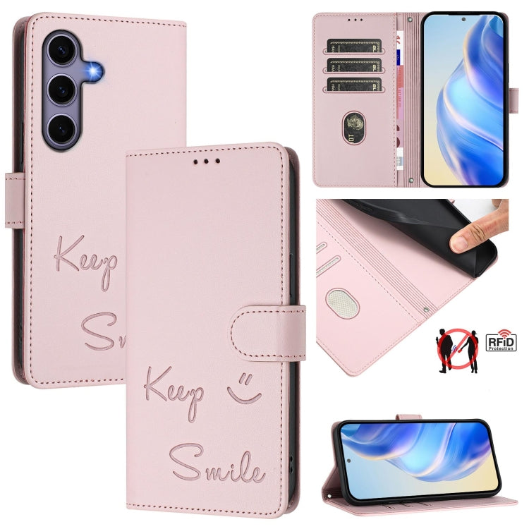 Custodia per telefono in pelle RFID con stampa Smile Embossing, For Samsung Galaxy S26 5G, For Samsung Galaxy S25 Edge 5G, For Samsung Galaxy S25 5G, For Samsung Galaxy S25+ 5G