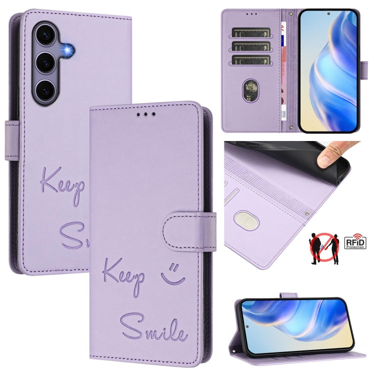 Custodia per telefono in pelle RFID con stampa Smile Embossing, For Samsung Galaxy S26 5G, For Samsung Galaxy S25 Edge 5G, For Samsung Galaxy S25 5G, For Samsung Galaxy S25+ 5G