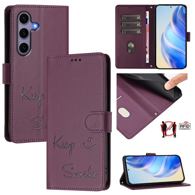 Custodia per telefono in pelle RFID con stampa Smile Embossing, For Samsung Galaxy S26 5G, For Samsung Galaxy S25 Edge 5G, For Samsung Galaxy S25 5G, For Samsung Galaxy S25+ 5G