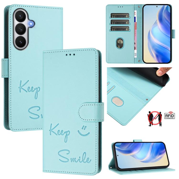 Custodia per telefono in pelle RFID con stampa Smile Embossing, For Samsung Galaxy S26 5G, For Samsung Galaxy S25 Edge 5G, For Samsung Galaxy S25 5G, For Samsung Galaxy S25+ 5G