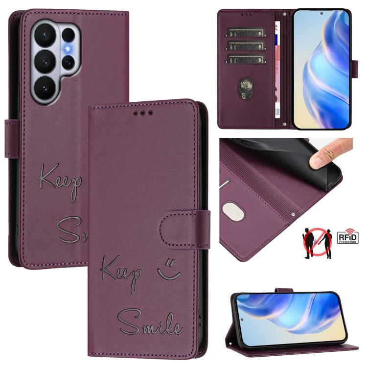 Custodia per telefono in pelle RFID con stampa Smile Embossing, For Galaxy S26 FE 5G 5G, For Samsung Galaxy S26+ 5G, For Samsung Galaxy S26 Edge 5G, For Samsung Galaxy S26 Ultra 5G