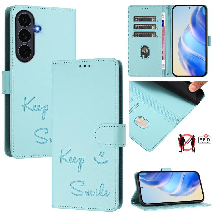 Custodia per telefono in pelle RFID con stampa Smile Embossing, For Galaxy S26 FE 5G 5G, For Samsung Galaxy S26+ 5G, For Samsung Galaxy S26 Edge 5G, For Samsung Galaxy S26 Ultra 5G