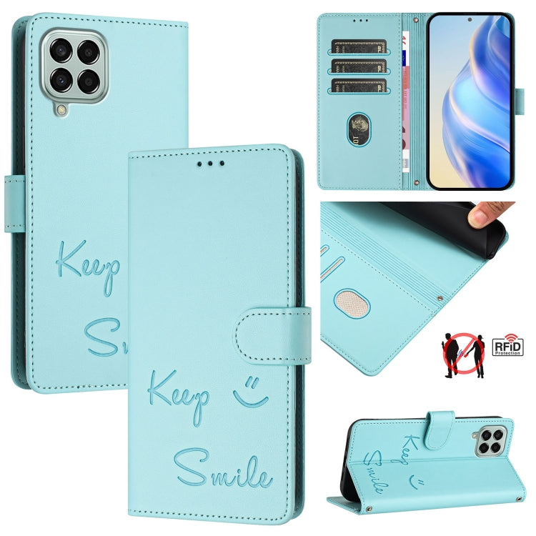 Custodia per telefono in pelle RFID con stampa Smile Embossing, For Samsung Galaxy M33 5G Global, For Samsung Galaxy M52 5G, For Samsung Galaxy M32 4G / M22, For Samsung Galaxy M62 / F62 4G