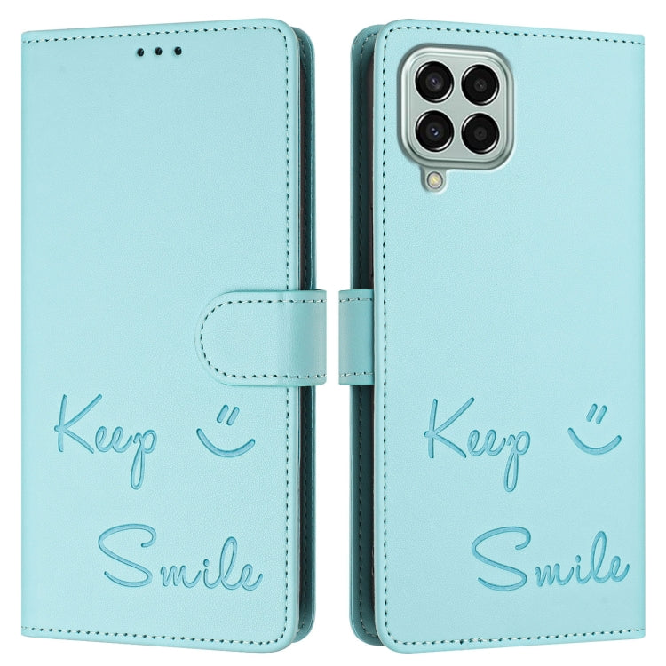 Custodia per telefono in pelle RFID con stampa Smile Embossing, For Samsung Galaxy M33 5G Global, For Samsung Galaxy M52 5G, For Samsung Galaxy M32 4G / M22, For Samsung Galaxy M62 / F62 4G