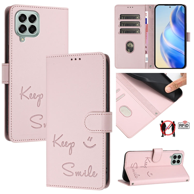 Custodia per telefono in pelle RFID con stampa Smile Embossing, For Samsung Galaxy M33 5G Global, For Samsung Galaxy M52 5G, For Samsung Galaxy M32 4G / M22, For Samsung Galaxy M62 / F62 4G