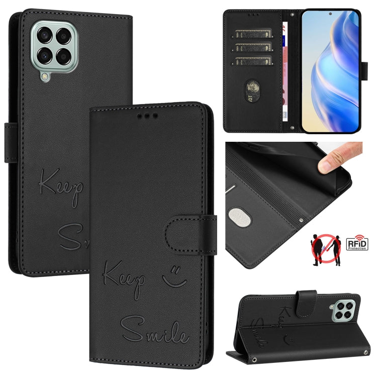 Custodia per telefono in pelle RFID con stampa Smile Embossing, For Samsung Galaxy M33 5G Global, For Samsung Galaxy M52 5G, For Samsung Galaxy M32 4G / M22, For Samsung Galaxy M62 / F62 4G