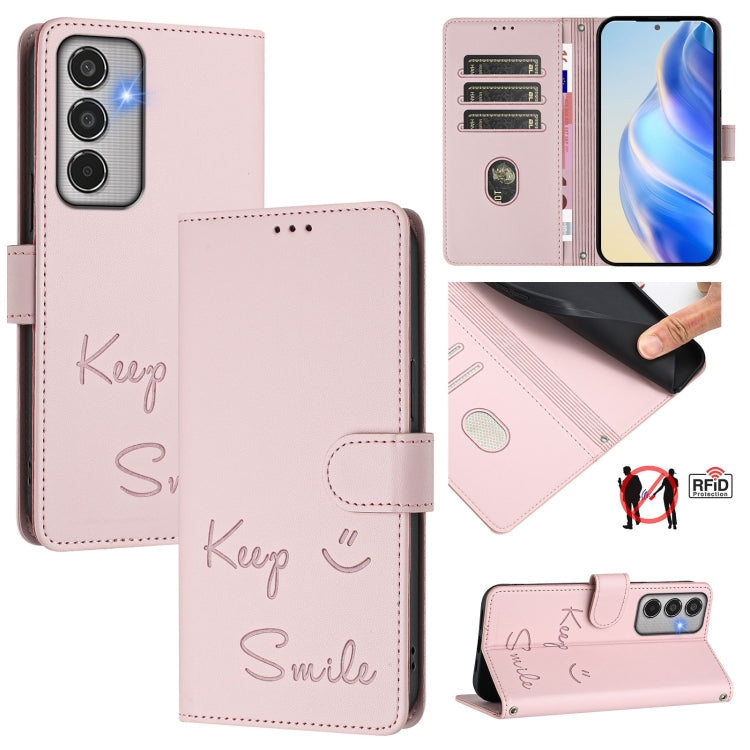 Custodia per telefono in pelle RFID con stampa Smile Embossing, For Samsung Galaxy M56 5G, For Samsung Galaxy F16 5G / M16 5G Global, For Samsung Galaxy F06 5G / M06 5G, For Samsung Galaxy M35