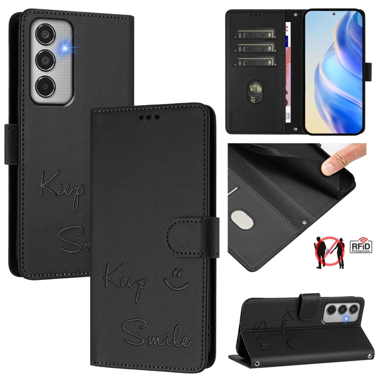 Custodia per telefono in pelle RFID con stampa Smile Embossing, For Samsung Galaxy M56 5G, For Samsung Galaxy F16 5G / M16 5G Global, For Samsung Galaxy F06 5G / M06 5G, For Samsung Galaxy M35