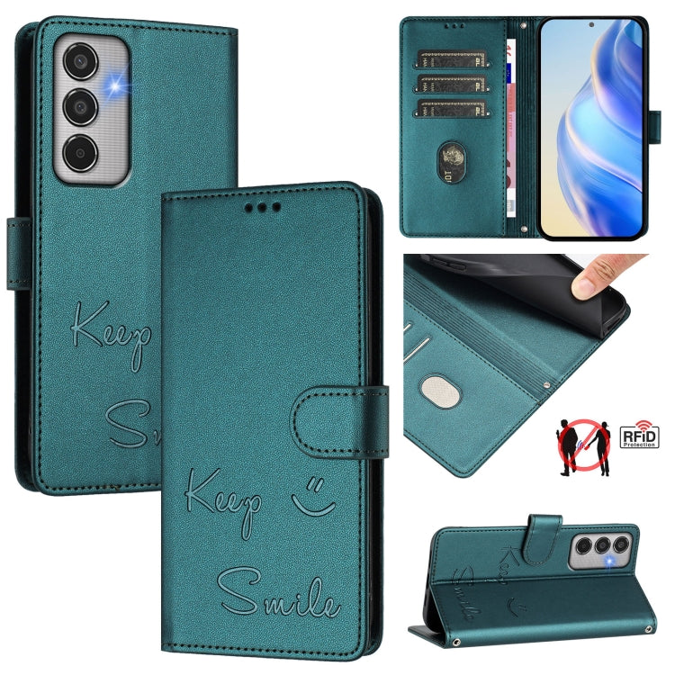 Custodia per telefono in pelle RFID con stampa Smile Embossing, For Samsung Galaxy M56 5G, For Samsung Galaxy F16 5G / M16 5G Global, For Samsung Galaxy F06 5G / M06 5G, For Samsung Galaxy M35