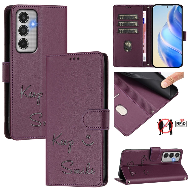 Custodia per telefono in pelle RFID con stampa Smile Embossing, For Samsung Galaxy M56 5G, For Samsung Galaxy F16 5G / M16 5G Global, For Samsung Galaxy F06 5G / M06 5G, For Samsung Galaxy M35