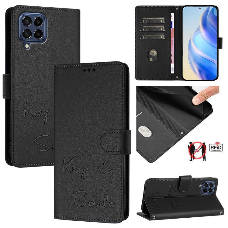Custodia per telefono in pelle RFID con stampa Smile Embossing, For Samsung Galaxy M54 / F54 5G, For Samsung Galaxy M14 5G Global, For Samsung Galaxy M23 5G / M13 4G, For Samsung Galaxy M53 5G