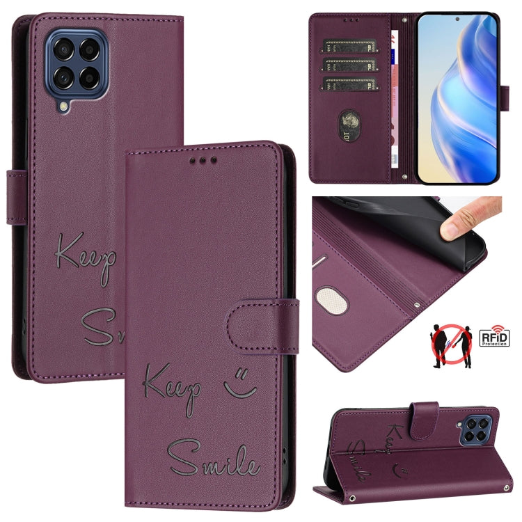 Custodia per telefono in pelle RFID con stampa Smile Embossing, For Samsung Galaxy M54 / F54 5G, For Samsung Galaxy M14 5G Global, For Samsung Galaxy M23 5G / M13 4G, For Samsung Galaxy M53 5G