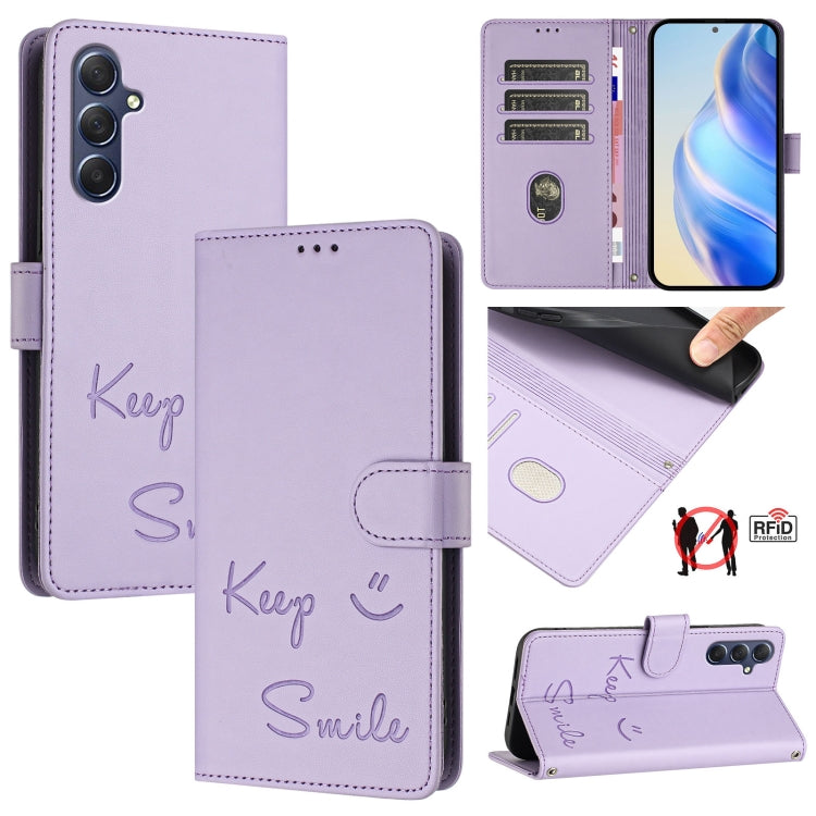 Custodia per telefono in pelle RFID con stampa Smile Embossing, For Samsung Galaxy M54 / F54 5G, For Samsung Galaxy M14 5G Global, For Samsung Galaxy M23 5G / M13 4G, For Samsung Galaxy M53 5G