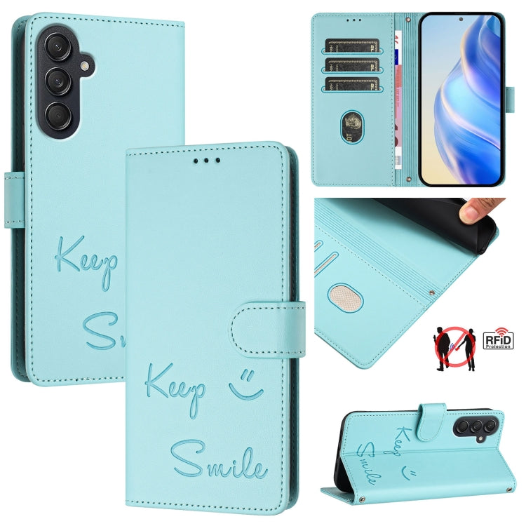 Custodia per telefono in pelle RFID con stampa Smile Embossing, For Samsung Galaxy M55 / C55 5G, For Samsung Galaxy XCover7 Pro, For Samsung Galaxy M15 / F15 5G Global, For Samsung Galaxy M34 5G / F34 5G