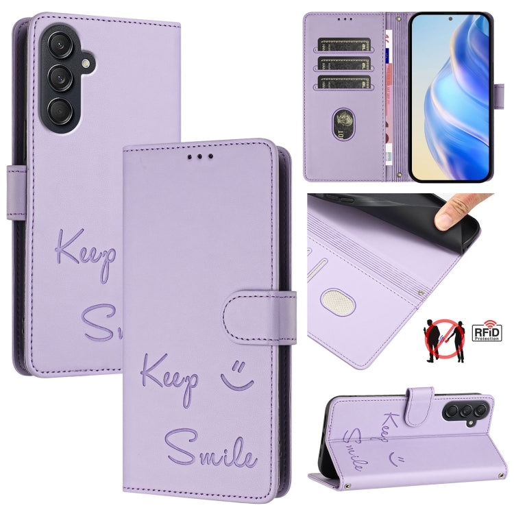 Custodia per telefono in pelle RFID con stampa Smile Embossing, For Samsung Galaxy M55 / C55 5G, For Samsung Galaxy XCover7 Pro, For Samsung Galaxy M15 / F15 5G Global, For Samsung Galaxy M34 5G / F34 5G