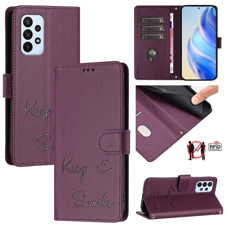 Custodia per telefono in pelle RFID con stampa Smile Embossing, For Samsung Galaxy M54 / F54 5G, For Samsung Galaxy M14 5G Global, For Samsung Galaxy M23 5G / M13 4G, For Samsung Galaxy M53 5G