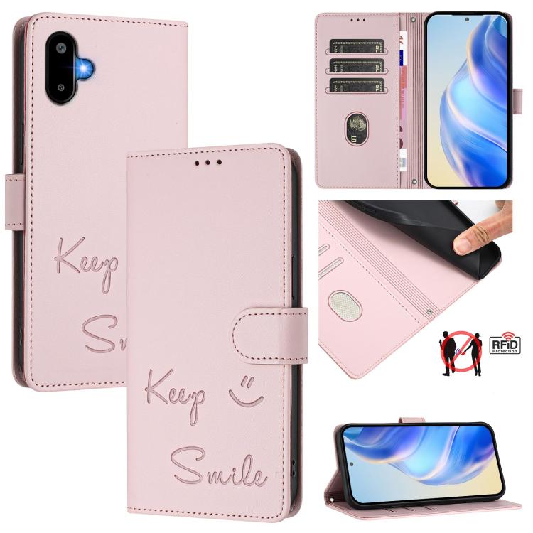 Custodia per telefono in pelle RFID con stampa Smile Embossing, For Samsung Galaxy M56 5G, For Samsung Galaxy F16 5G / M16 5G Global, For Samsung Galaxy F06 5G / M06 5G, For Samsung Galaxy M35