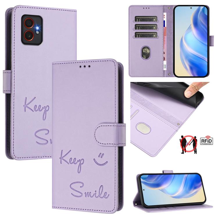 Custodia per telefono in pelle RFID con stampa Smile Embossing, For Samsung Galaxy M55 / C55 5G, For Samsung Galaxy XCover7 Pro, For Samsung Galaxy M15 / F15 5G Global, For Samsung Galaxy M34 5G / F34 5G