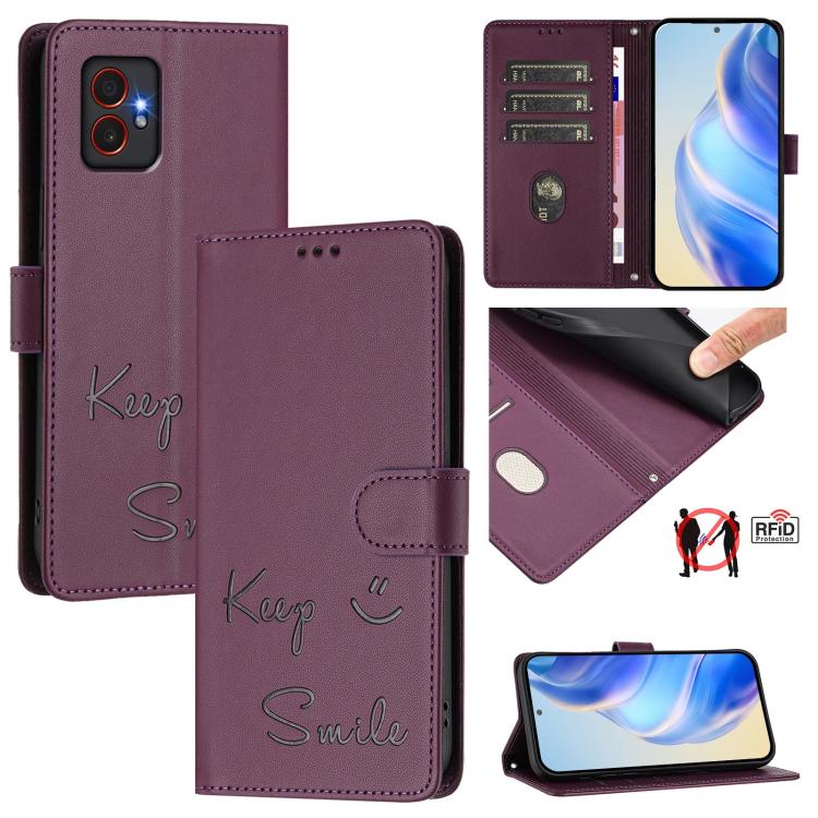 Custodia per telefono in pelle RFID con stampa Smile Embossing, For Samsung Galaxy M55 / C55 5G, For Samsung Galaxy XCover7 Pro, For Samsung Galaxy M15 / F15 5G Global, For Samsung Galaxy M34 5G / F34 5G