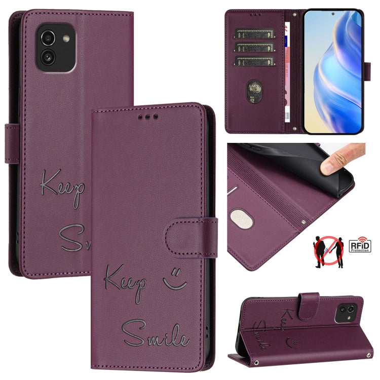 Custodia per telefono in pelle RFID con stampa Smile Embossing, For Samsung Galaxy A33 5G, For Samsung Galaxy A03 164mm, For Samsung Galaxy A03 166mm, For Samsung Galaxy A32 5G / M32 5G