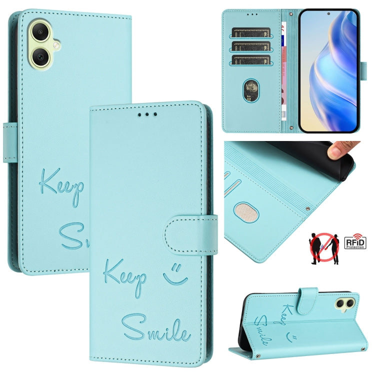 Custodia per telefono in pelle RFID con stampa Smile Embossing, For Samsung Galaxy A35 5G, For Samsung Galaxy A05 4G Global, For Samsung Galaxy A05s 4G Global, For Samsung Galaxy A25 5G Global