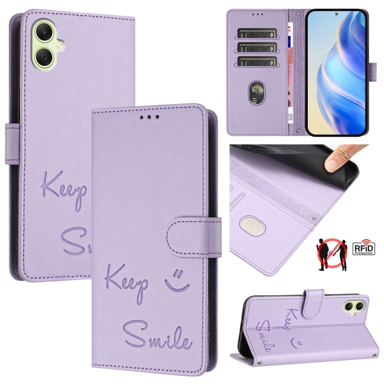 Custodia per telefono in pelle RFID con stampa Smile Embossing, For Samsung Galaxy A35 5G, For Samsung Galaxy A05 4G Global, For Samsung Galaxy A05s 4G Global, For Samsung Galaxy A25 5G Global