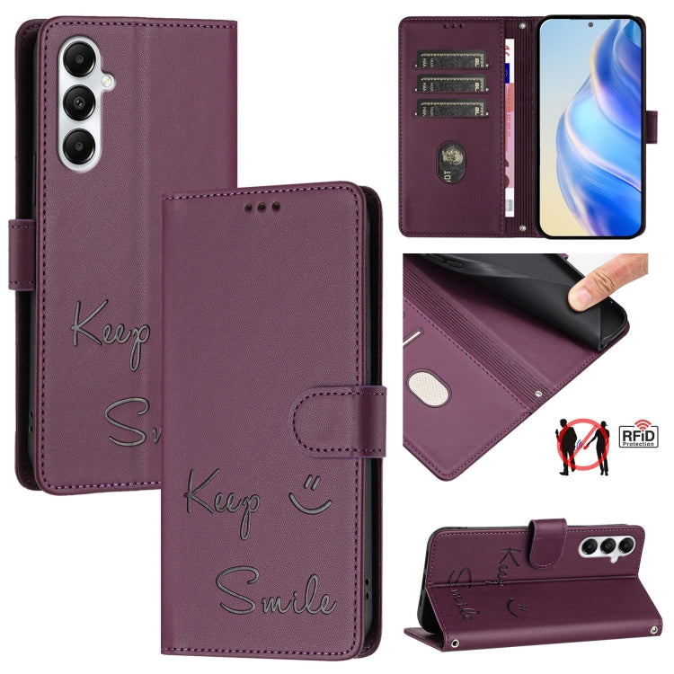 Custodia per telefono in pelle RFID con stampa Smile Embossing, For Samsung Galaxy A35 5G, For Samsung Galaxy A05 4G Global, For Samsung Galaxy A05s 4G Global, For Samsung Galaxy A25 5G Global