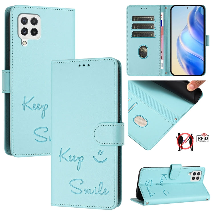 Custodia per telefono in pelle RFID con stampa Smile Embossing, For Samsung Galaxy A22 4G, For Samsung Galaxy A32 4G, For Samsung Galaxy A02 / M02, For Samsung Galaxy A72 4G / 5G