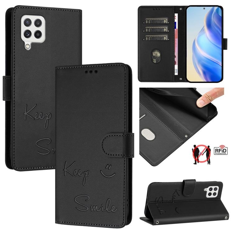 Custodia per telefono in pelle RFID con stampa Smile Embossing, For Samsung Galaxy A22 4G, For Samsung Galaxy A32 4G, For Samsung Galaxy A02 / M02, For Samsung Galaxy A72 4G / 5G
