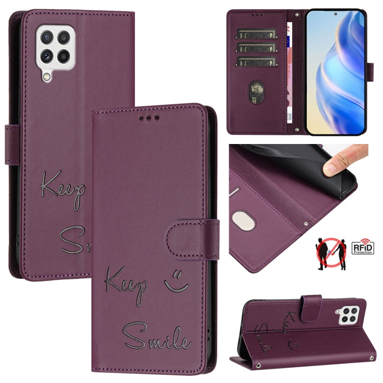 Custodia per telefono in pelle RFID con stampa Smile Embossing, For Samsung Galaxy A22 4G, For Samsung Galaxy A32 4G, For Samsung Galaxy A02 / M02, For Samsung Galaxy A72 4G / 5G