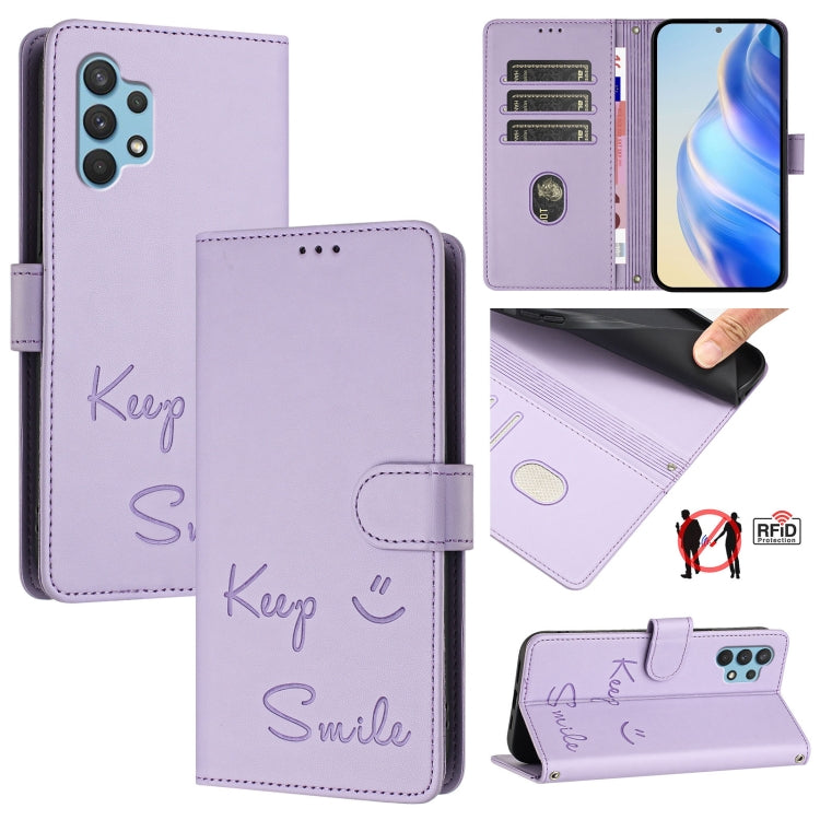 Custodia per telefono in pelle RFID con stampa Smile Embossing, For Samsung Galaxy A22 4G, For Samsung Galaxy A32 4G, For Samsung Galaxy A02 / M02, For Samsung Galaxy A72 4G / 5G