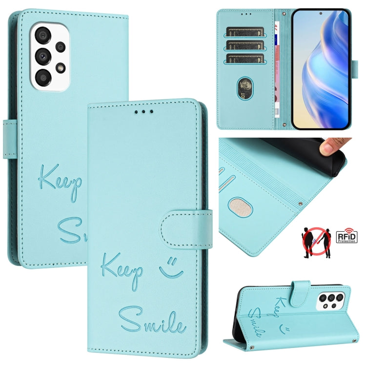 Custodia per telefono in pelle RFID con stampa Smile Embossing, For Samsung Galaxy A33 5G, For Samsung Galaxy A03 164mm, For Samsung Galaxy A03 166mm, For Samsung Galaxy A32 5G / M32 5G