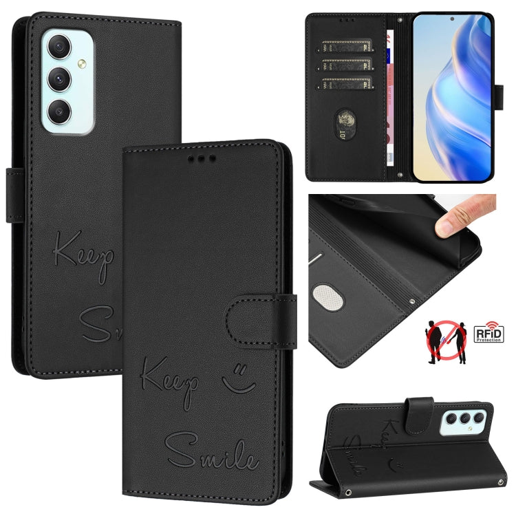 Custodia per telefono in pelle RFID con stampa Smile Embossing, For Samsung Galaxy A35 5G, For Samsung Galaxy A05 4G Global, For Samsung Galaxy A05s 4G Global, For Samsung Galaxy A25 5G Global