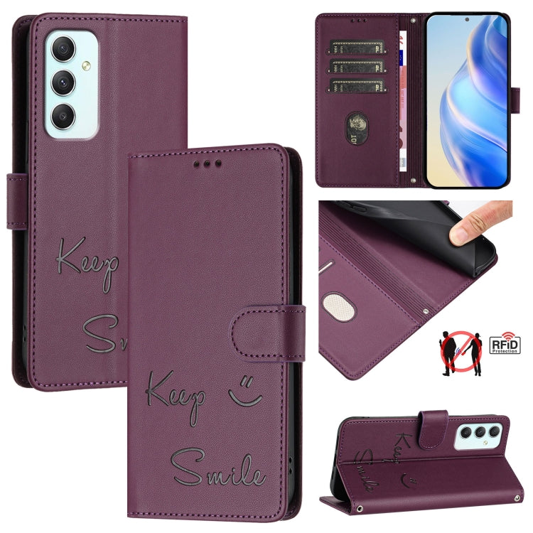 Custodia per telefono in pelle RFID con stampa Smile Embossing, For Samsung Galaxy A35 5G, For Samsung Galaxy A05 4G Global, For Samsung Galaxy A05s 4G Global, For Samsung Galaxy A25 5G Global