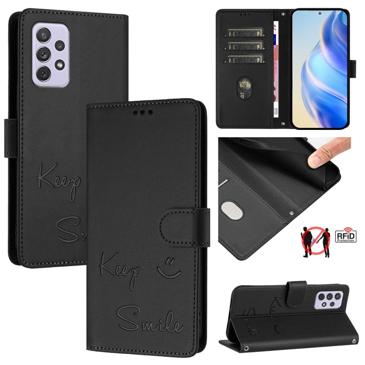 Custodia per telefono in pelle RFID con stampa Smile Embossing, For Samsung Galaxy A22 4G, For Samsung Galaxy A32 4G, For Samsung Galaxy A02 / M02, For Samsung Galaxy A72 4G / 5G